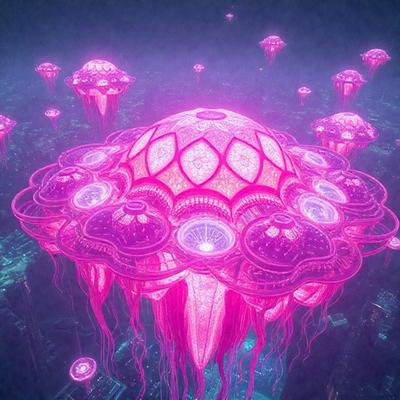 The primary subject of the image is a large, pink, purple, and white floating structure, which appears to be a giant jellyfish. The setting is a futuristic cityscape, with the structure hovering above the city. The visual style is a combination of digital art and illustration, creating a vibrant and unique atmosphere. The colors and mood of the image are predominantly pink and purple, giving it a whimsical and dreamy quality.